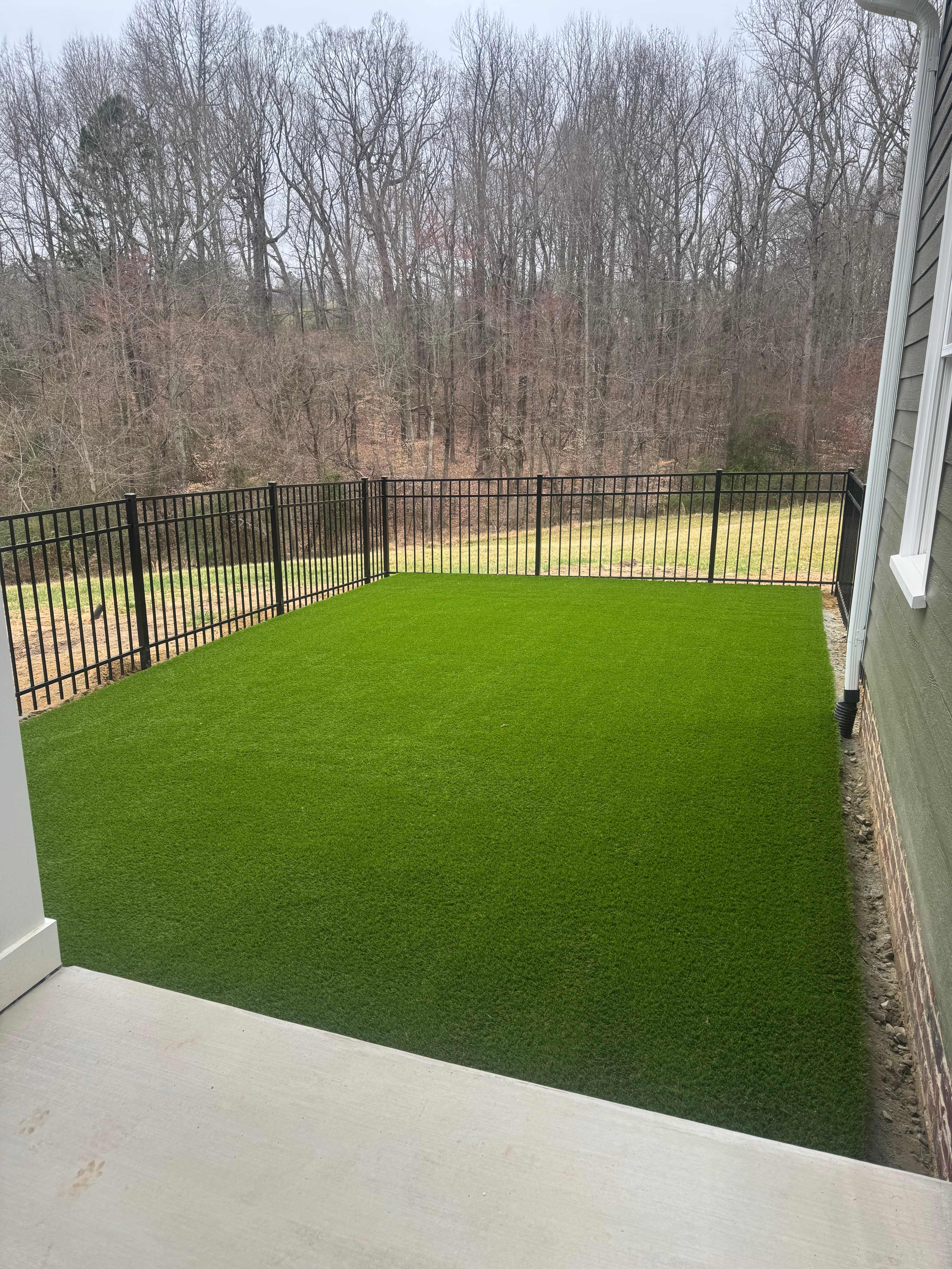 Clean and safe dog turf area next to raised patio - Charlotte NC installation
