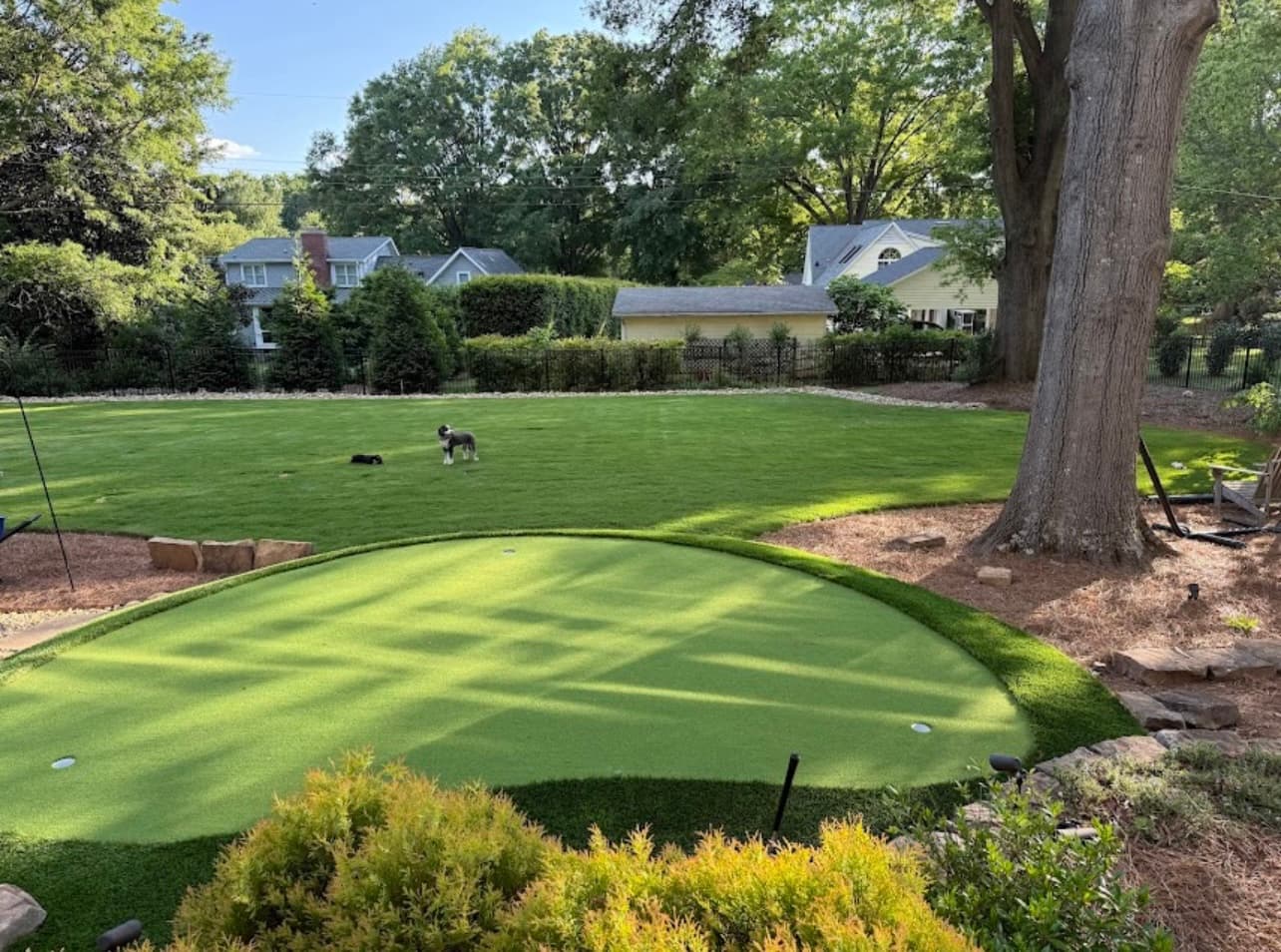 Versatile Charlotte backyard with pet-safe artificial turf and putting green installation