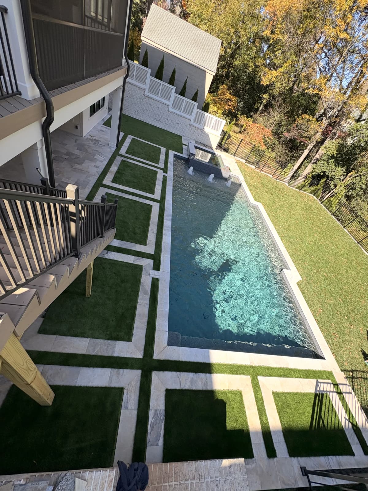 Luxury Pool — Geometric Turf Grid Overhead View