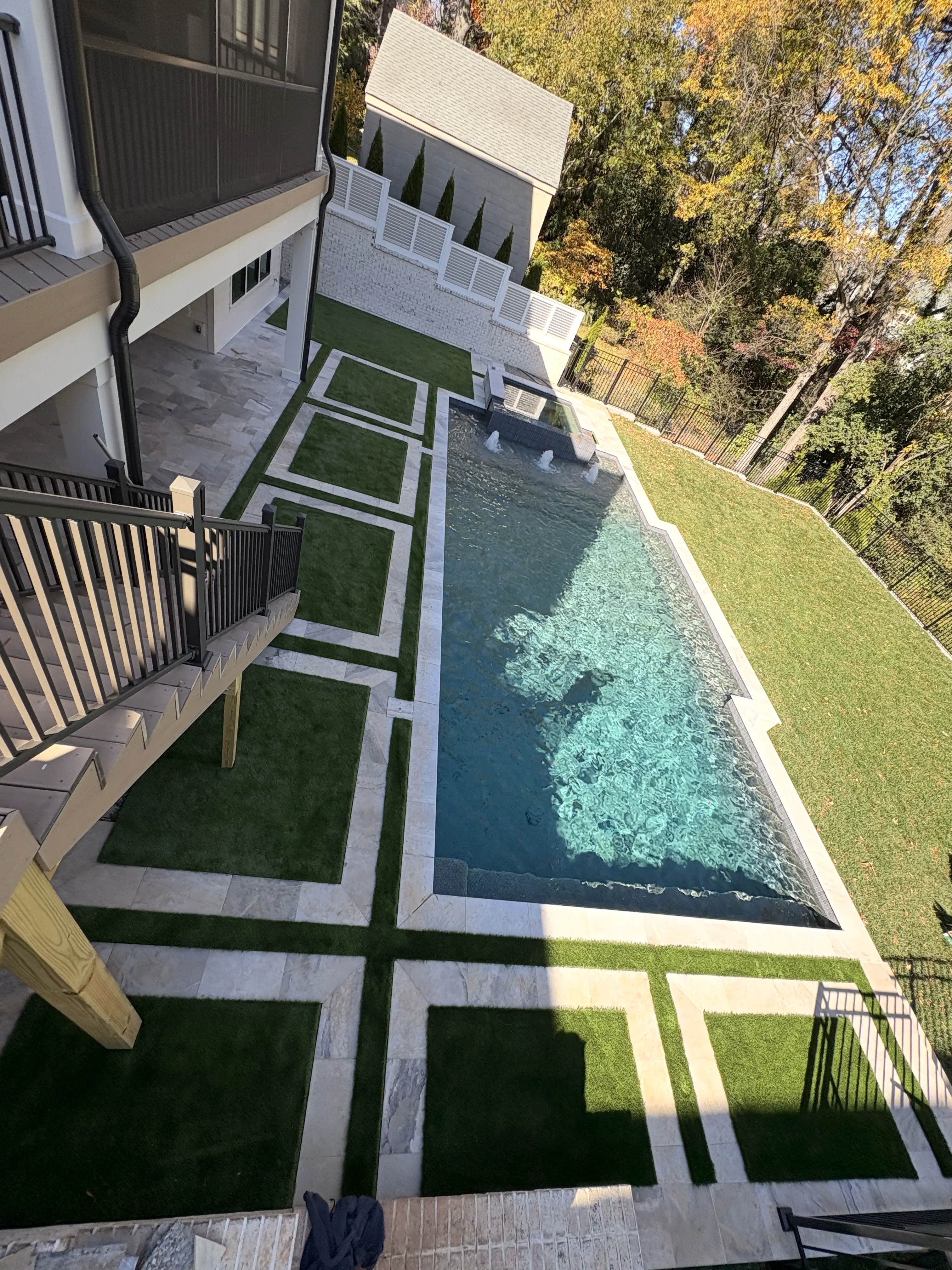 Luxury Pool — Geometric Turf Grid Overhead View
